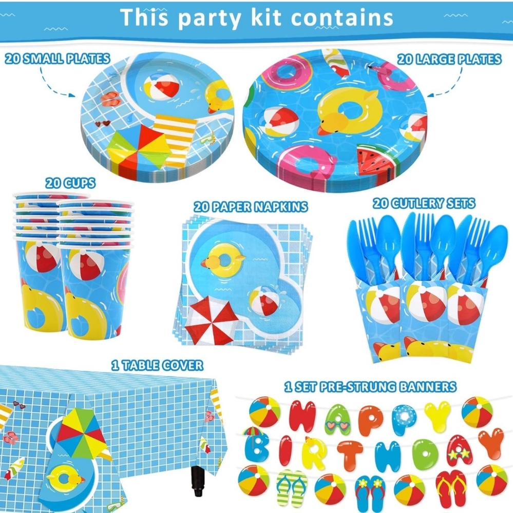 Pool Party Birthday Supplies Set 20 Guests Birthday Banner Table Cover Swim‎ - Picture 3 of 7